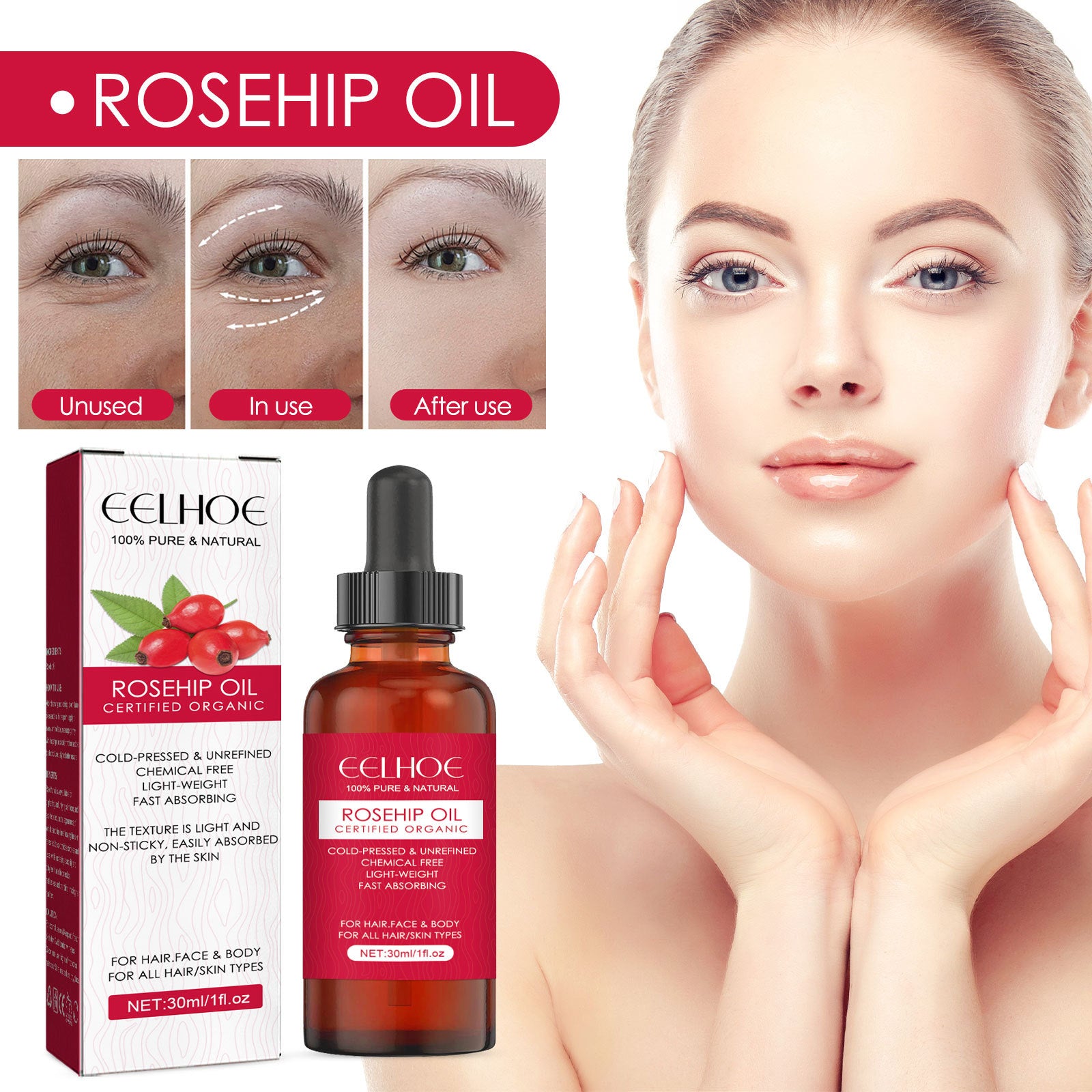 EELHOE Rosehip Facial Oil - Multi-Purpose Hydrating Oil for Face, Body & Hair